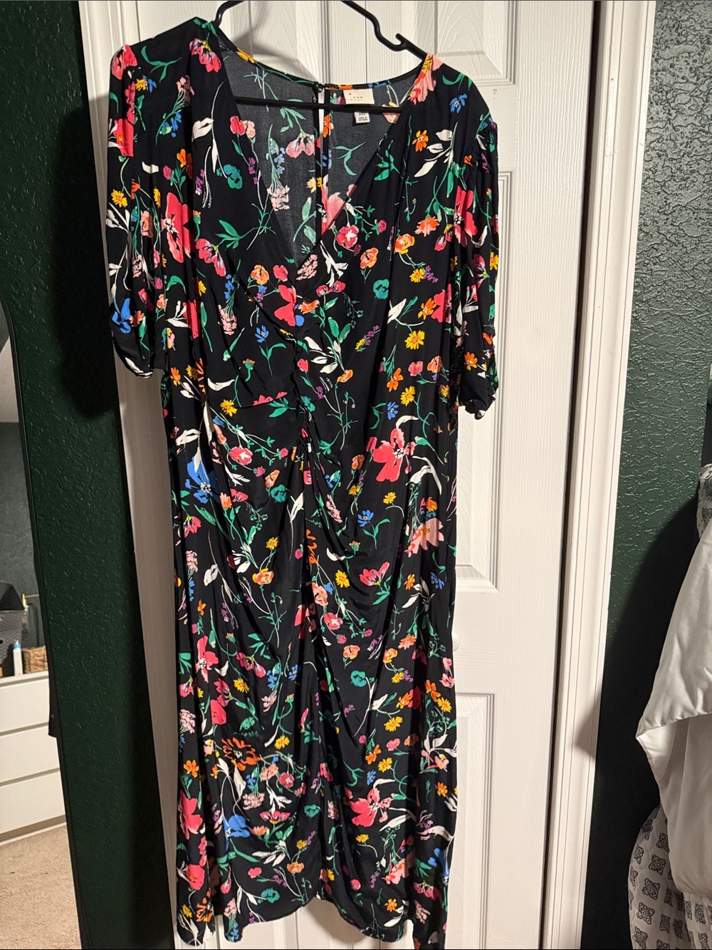 a new day Black Floral Wrap-Style Midi Dress with Multicolor Blooms